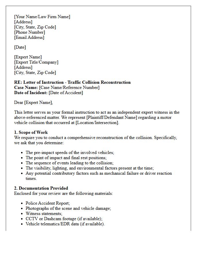 Letter of Instruction to Traffic Collision Reconstruction Expert Witness