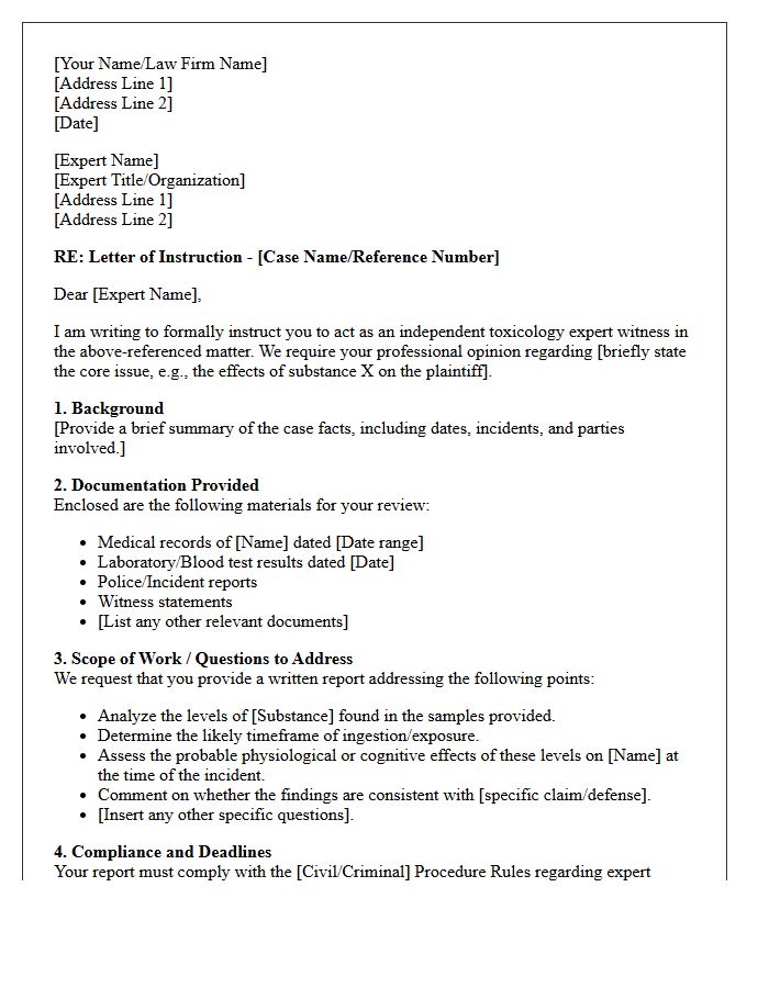 Letter of Instruction to Toxicologist Expert Witness