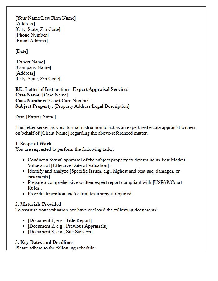 Letter of Instruction to Real Estate Appraisal Expert Witness