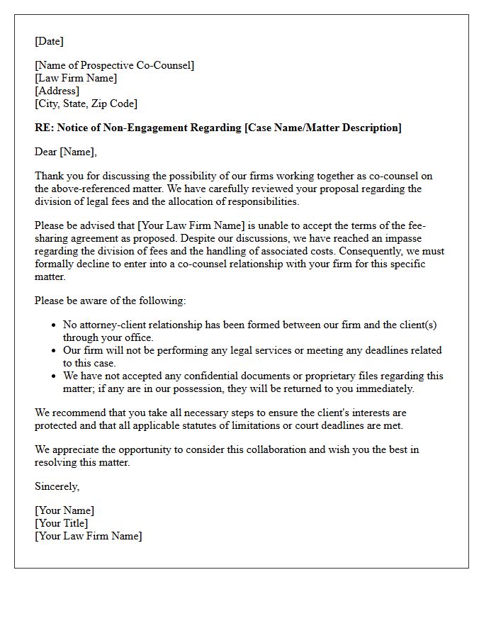 Fee Division Dispute Co-Counsel Non-Engagement Letter