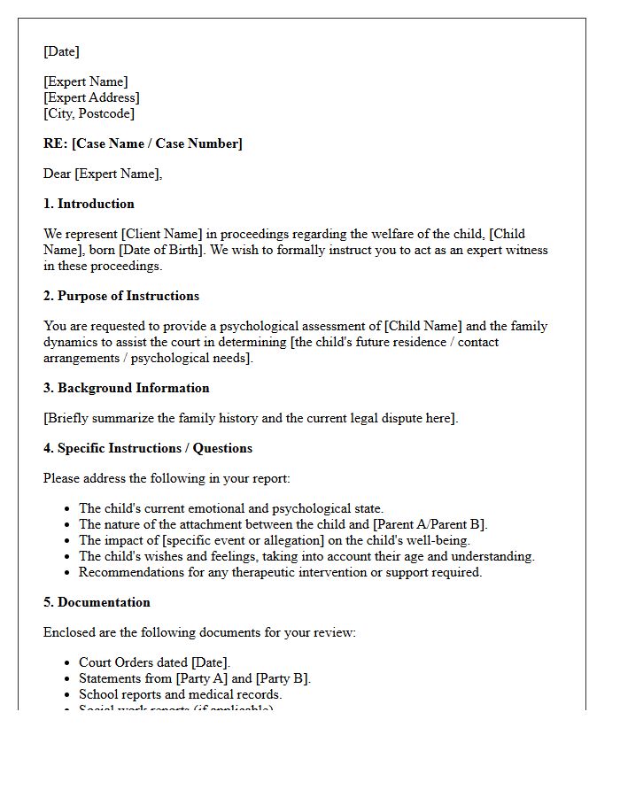 Letter of Instruction to Child Psychology Expert Witness