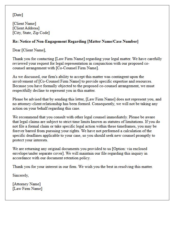 Client Objection Co-Counsel Arrangement Non-Engagement Letter