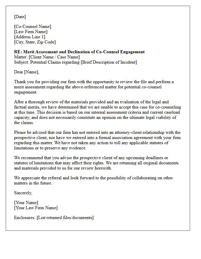 Merit Assessment Rejection Co-Counsel Non-Engagement Letter