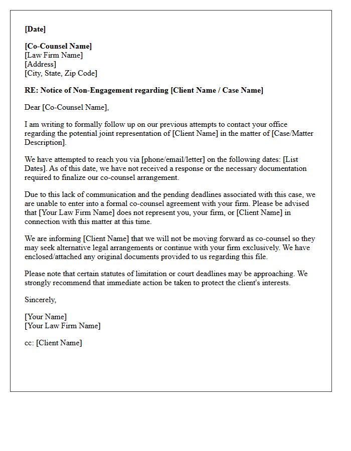 Communication Failure Co-Counsel Non-Engagement Letter