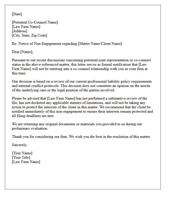 Professional Liability Policy Co-Counsel Non-Engagement Letter