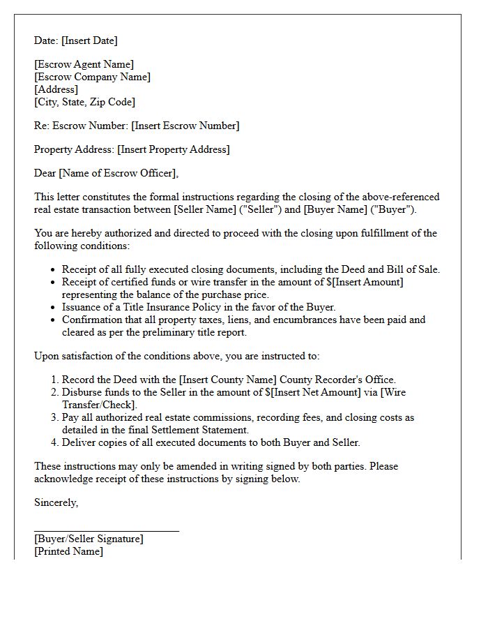 Letter of Instruction to Escrow Agent for Real Estate Closing