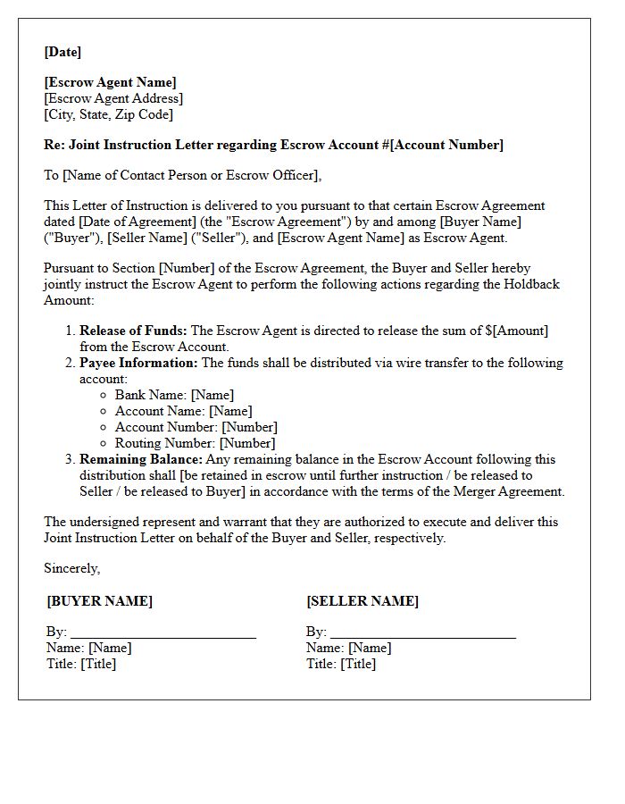 Letter of Instruction to Escrow Agent for Merger and Acquisition Holdback