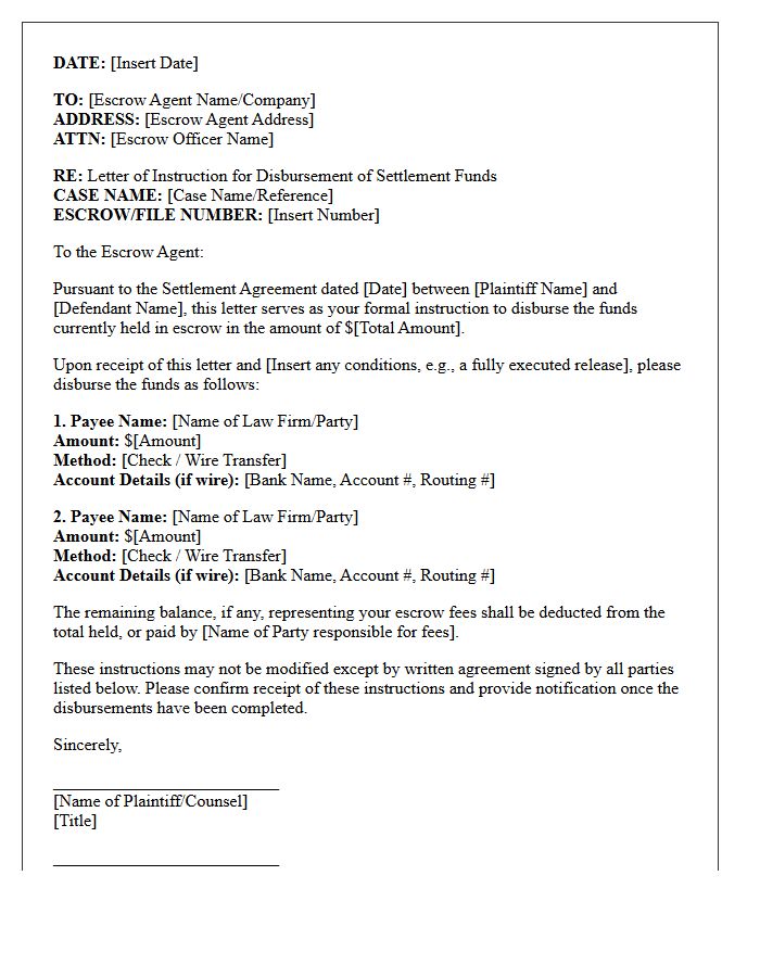 Letter of Instruction to Escrow Agent for Litigation Settlement Disbursement