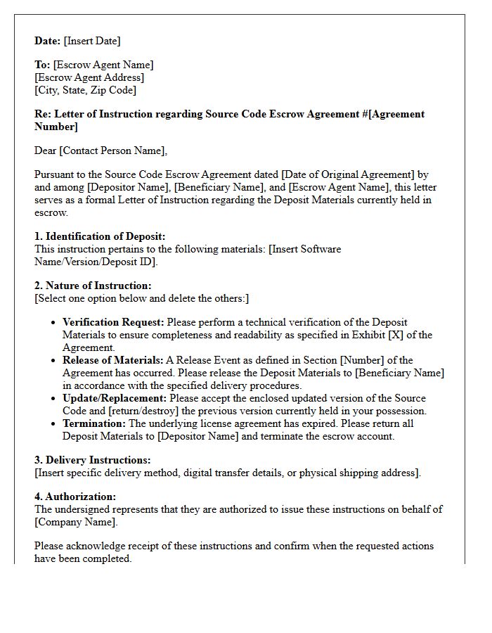 Letter of Instruction to Escrow Agent for Source Code Escrow
