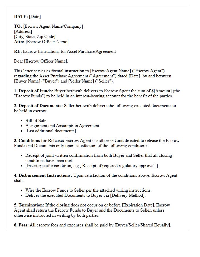 Letter of Instruction to Escrow Agent for Asset Purchase Agreement