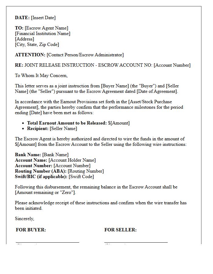 Letter of Instruction to Escrow Agent for Earnout Provision Release