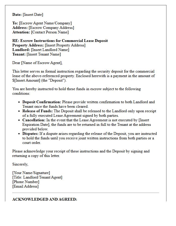 Letter of Instruction to Escrow Agent for Commercial Lease Deposit