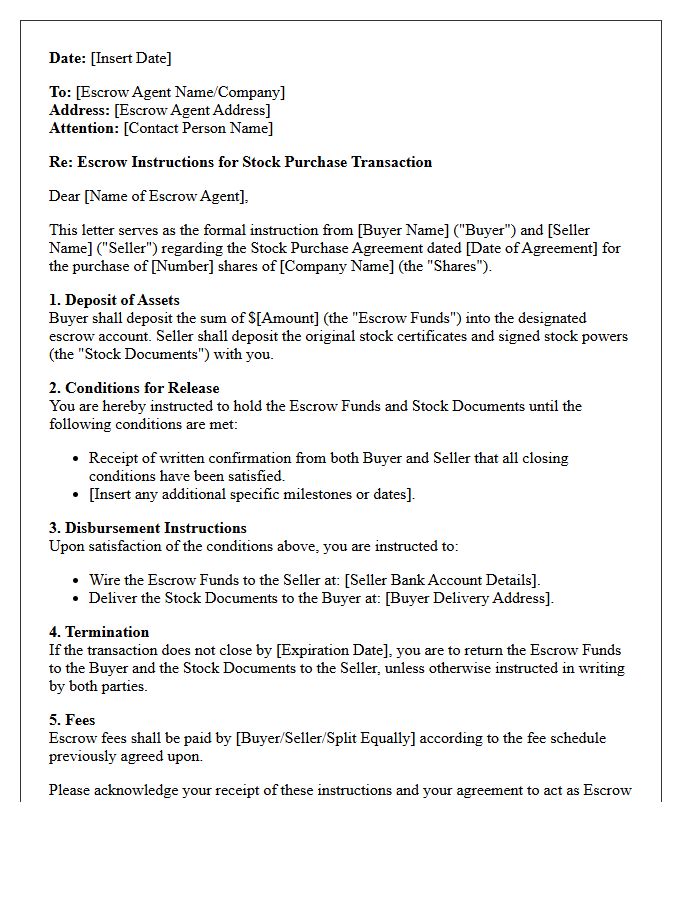 Letter of Instruction to Escrow Agent for Stock Purchase Transaction