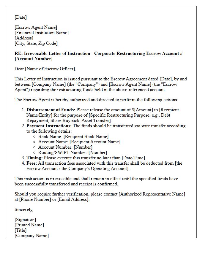 Letter of Instruction to Escrow Agent for Corporate Restructuring Funds