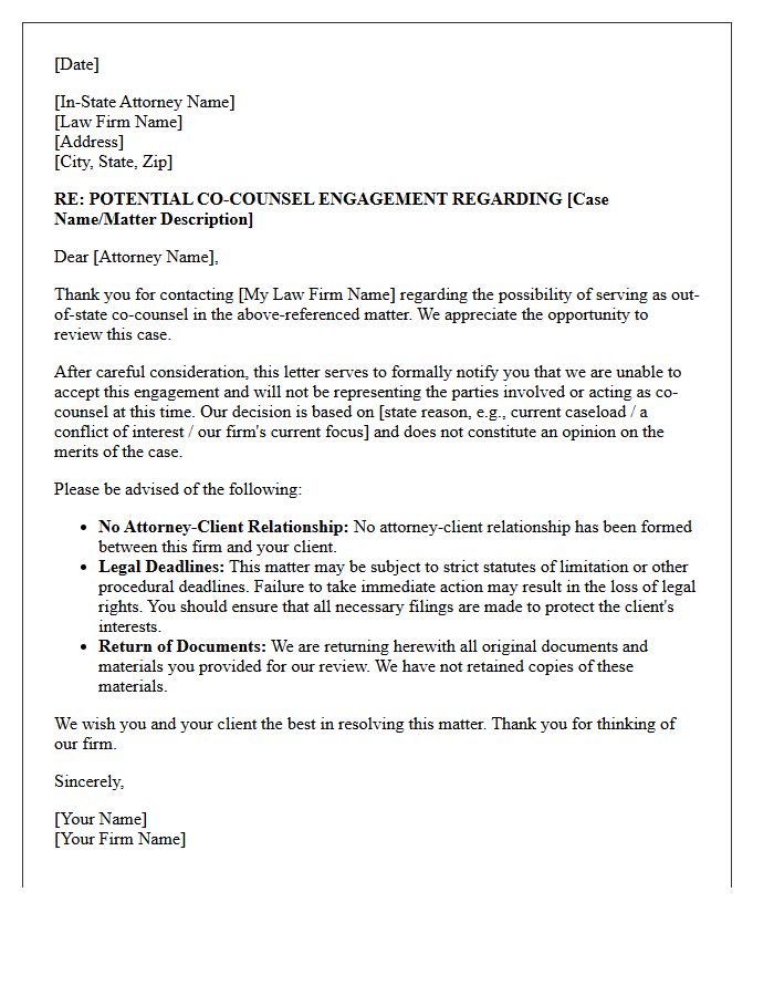 Out of State Practice Co-Counsel Non-Engagement Letter