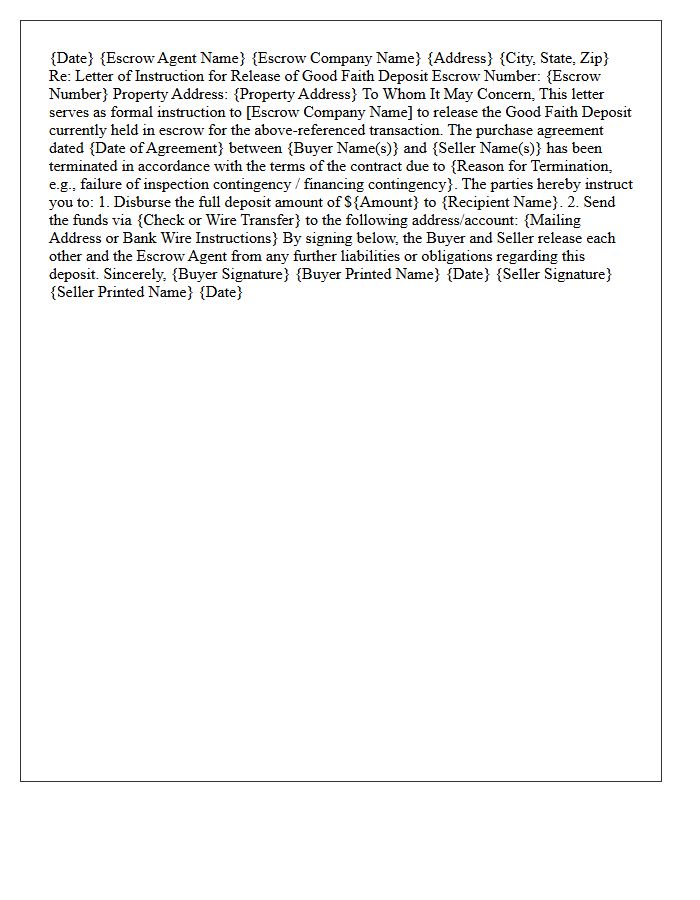 Letter of Instruction to Escrow Agent for Good Faith Deposit Return