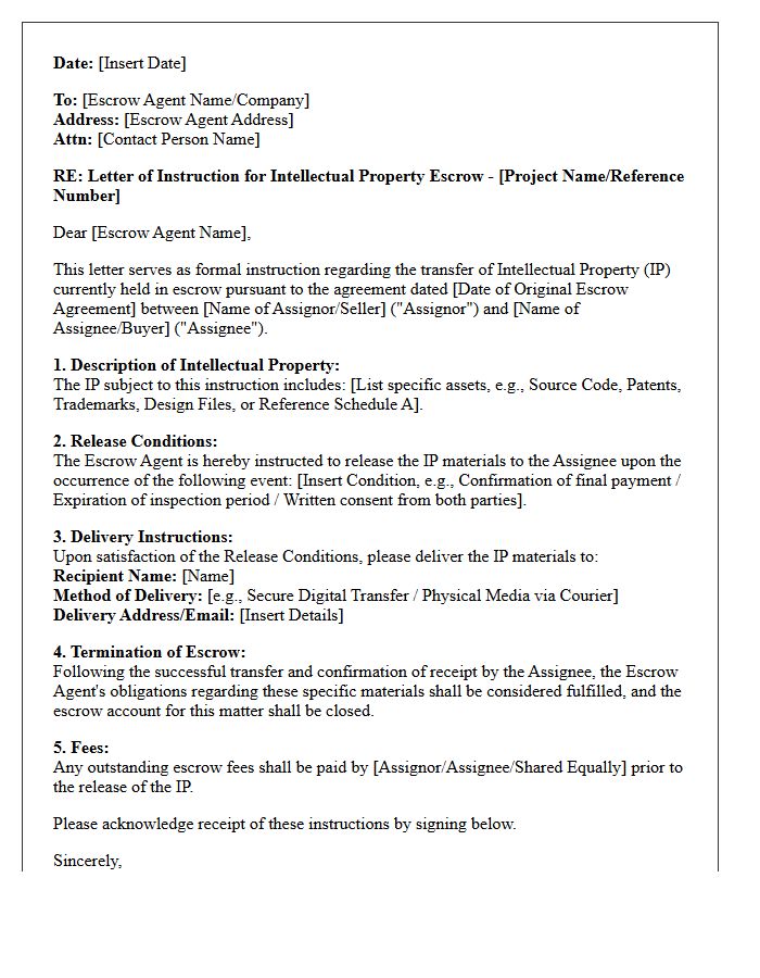 Letter of Instruction to Escrow Agent for Intellectual Property Transfer