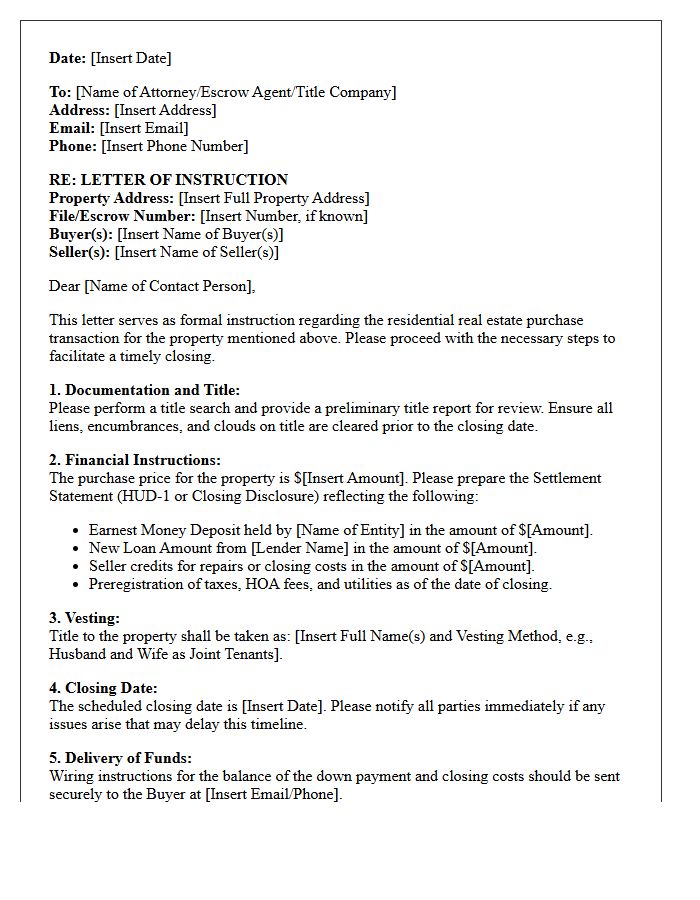 Letter of Instruction for Residential Real Estate Purchase Transaction