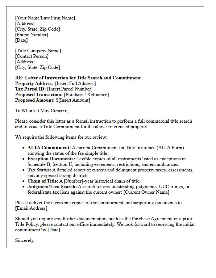 Letter of Instruction for Commercial Property Title Search and Commitment