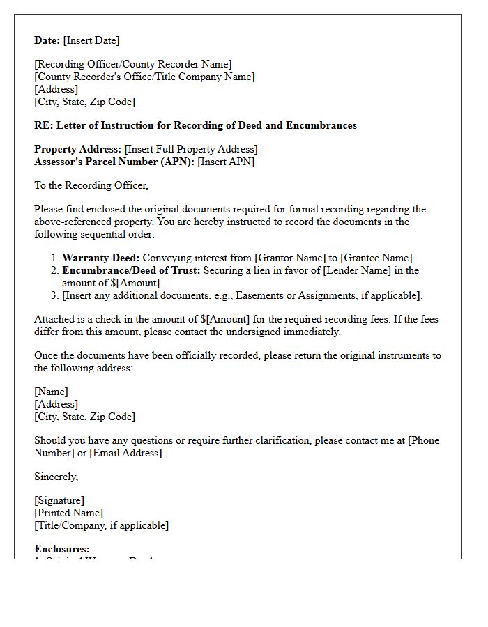 Letter of Instruction for Recording Warranty Deed and Encumbrances