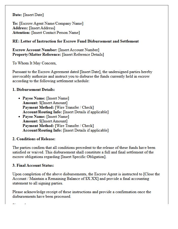 Letter of Instruction for Escrow Fund Disbursement and Settlement