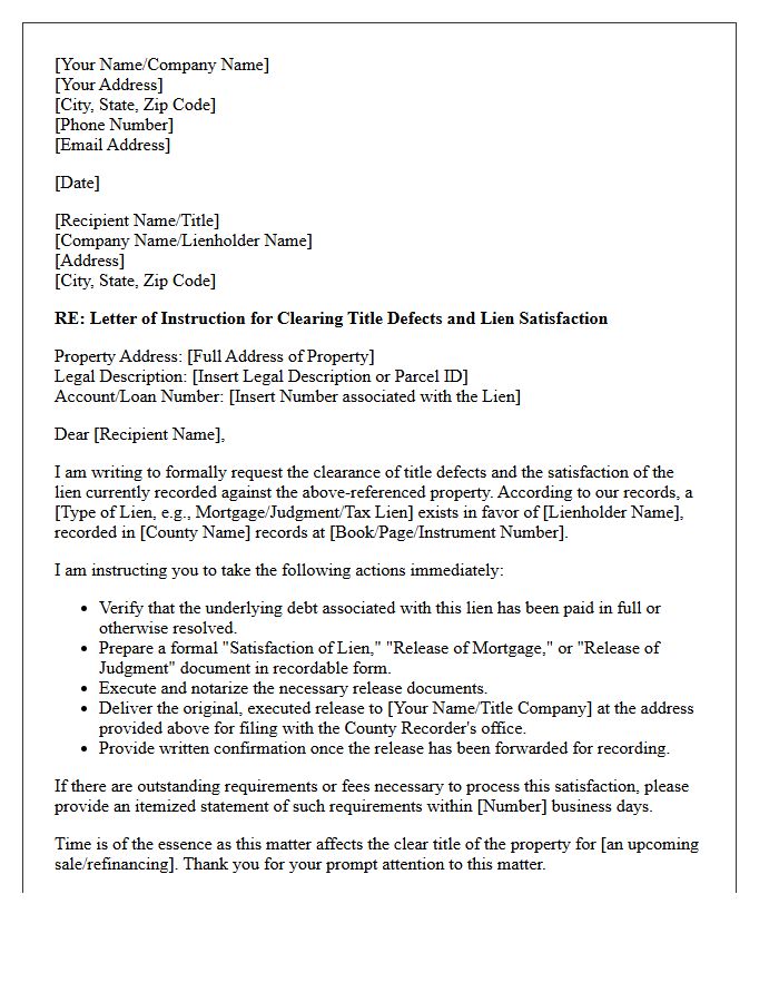 Letter of Instruction for Clearing Title Defects and Lien Satisfaction