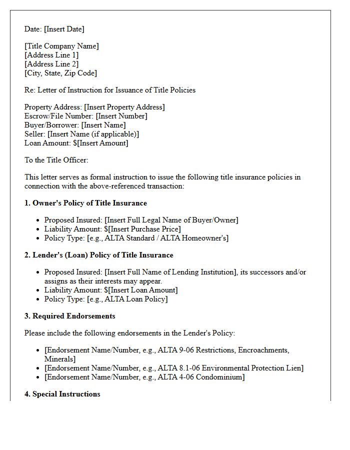 Letter of Instruction for Issuance of Lender and Owner Title Policies