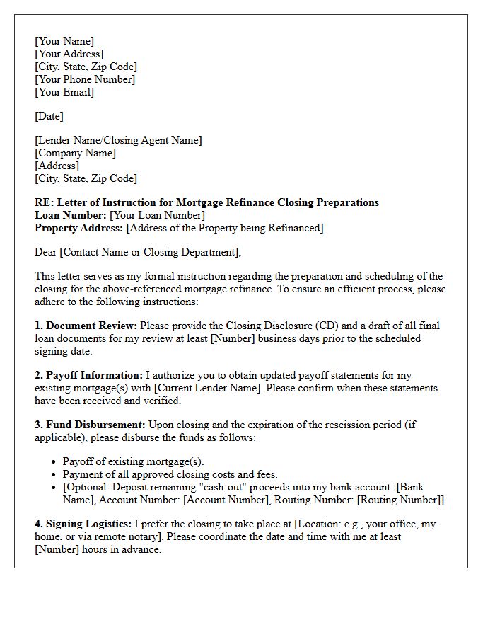 Letter of Instruction for Mortgage Refinance Closing Preparations
