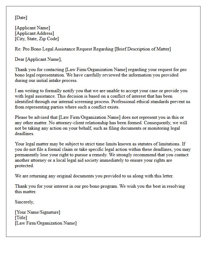 Pro Bono Request Non-Engagement Letter Due to Conflict of Interest