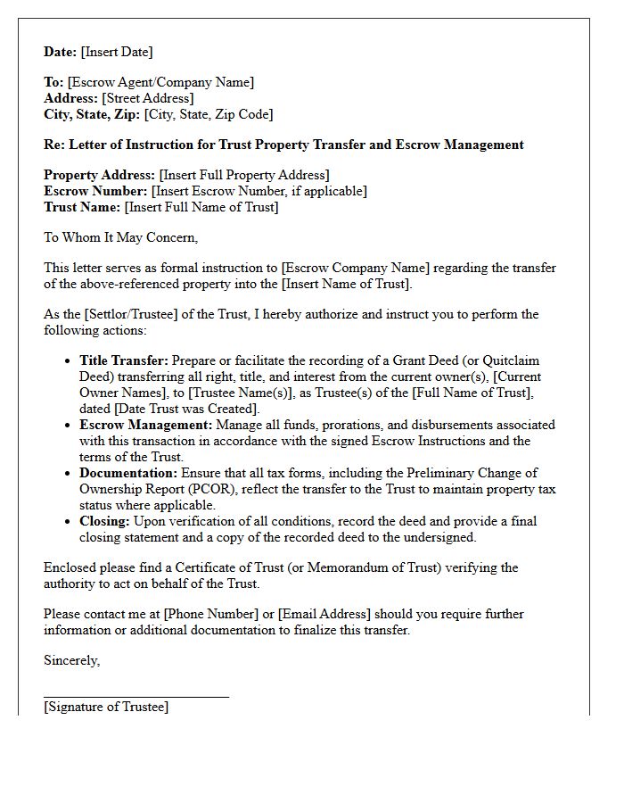 Letter of Instruction for Trust Property Transfer and Escrow Management