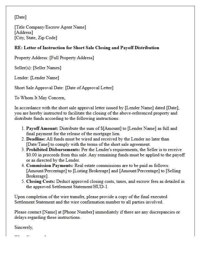 Letter of Instruction for Short Sale Closing and Payoff Distribution