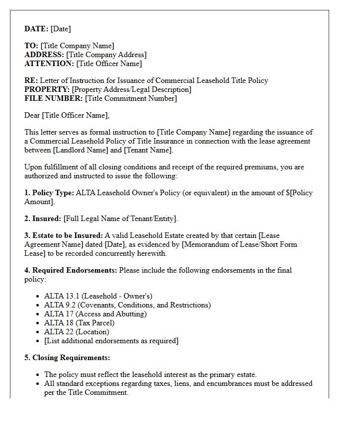 Letter of Instruction for Commercial Leasehold Title Policy Issuance