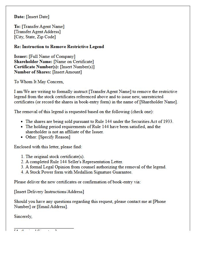 Letter of Instruction to Transfer Agent for Removal of Restrictive Legend