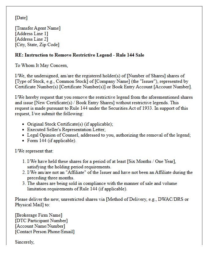 Letter of Instruction to Transfer Agent for Stock Transfer Under Rule 144