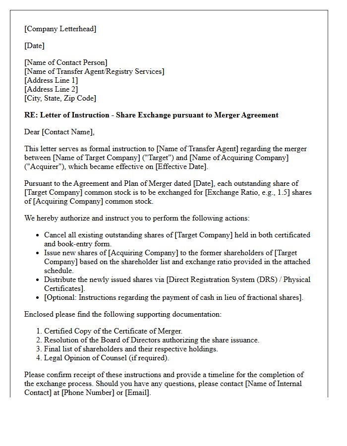 Letter of Instruction to Transfer Agent for Corporate Merger Share Exchange