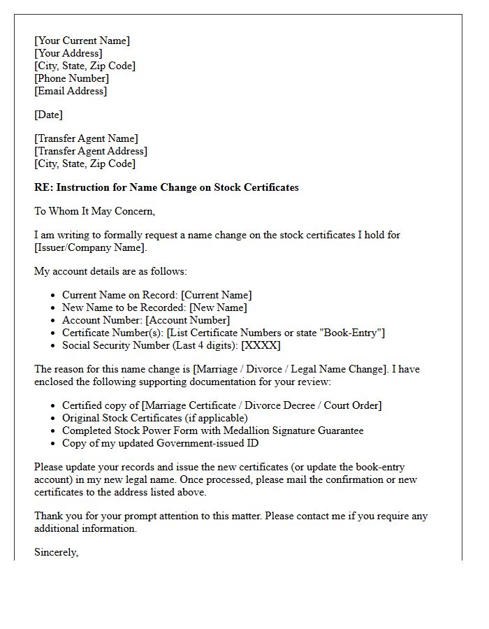 Letter of Instruction to Transfer Agent for Name Change on Certificates
