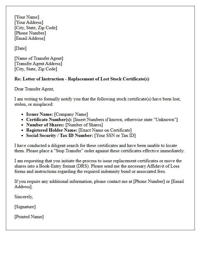 Letter of Instruction to Transfer Agent for Replacement of Lost Stock Certificate