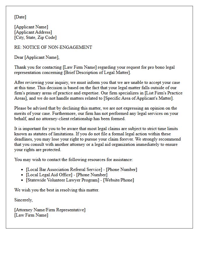 Pro Bono Request Non-Engagement Letter for Outside Practice Area