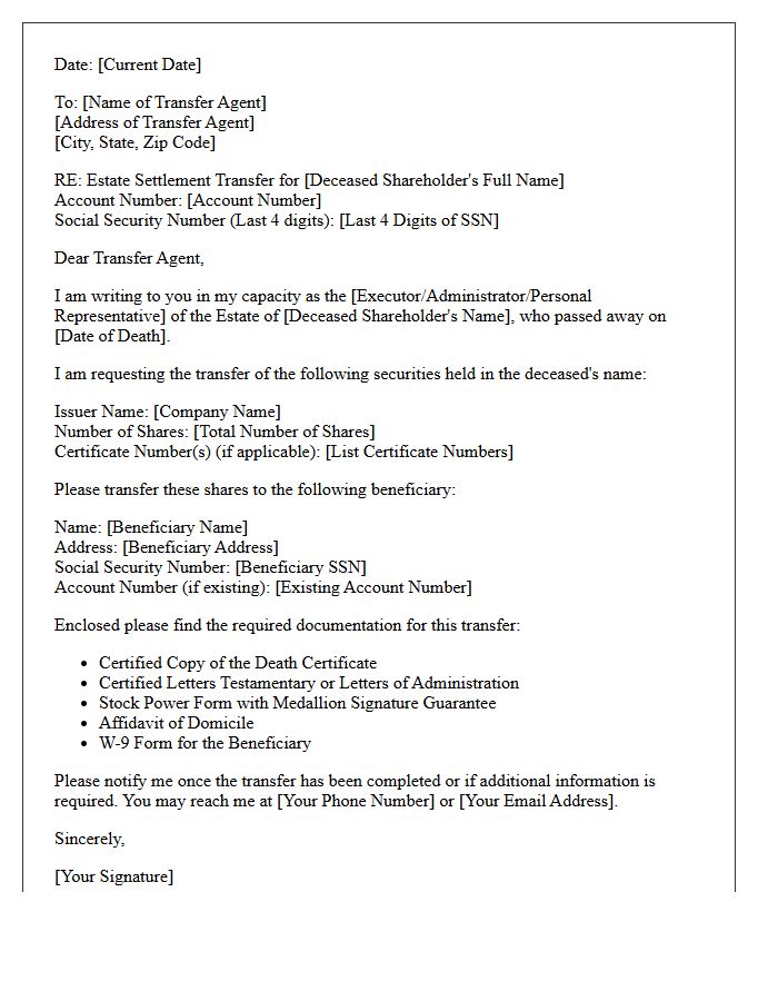 Letter of Instruction to Transfer Agent for Estate Settlement Transfer