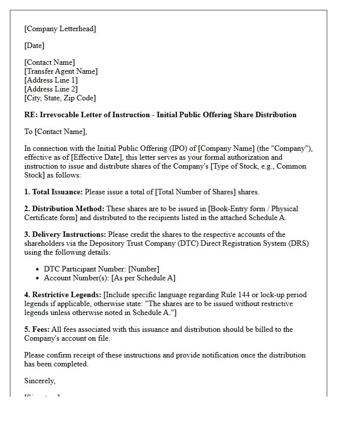 Letter of Instruction to Transfer Agent for Initial Public Offering Share Distribution
