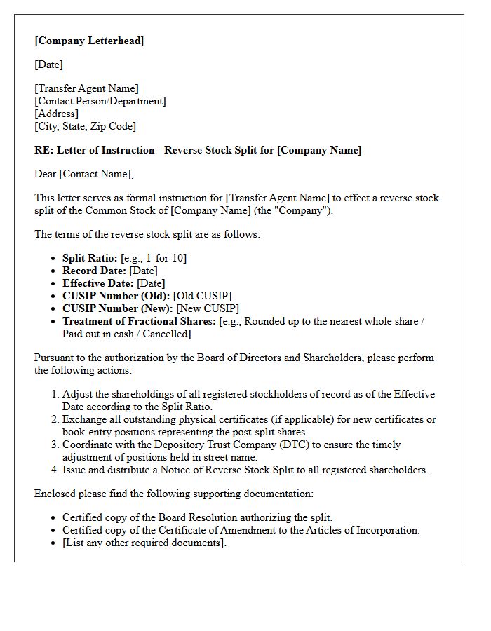 Letter of Instruction to Transfer Agent for Reverse Stock Split Processing