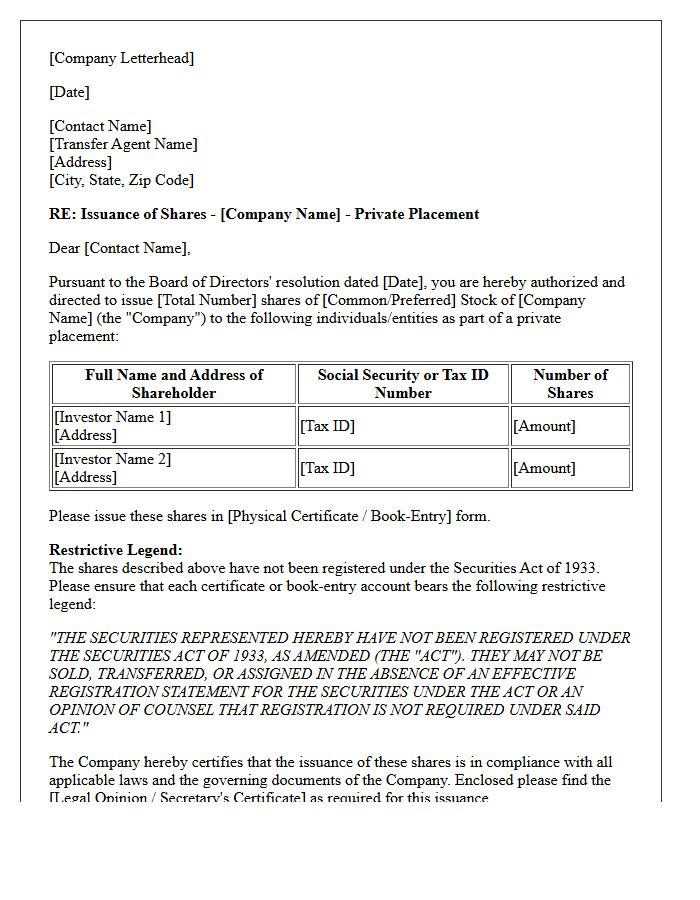 Letter of Instruction to Transfer Agent for Private Placement Share Issuance