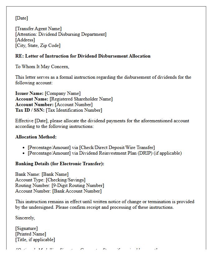 Letter of Instruction to Transfer Agent for Dividend Disbursement Allocation
