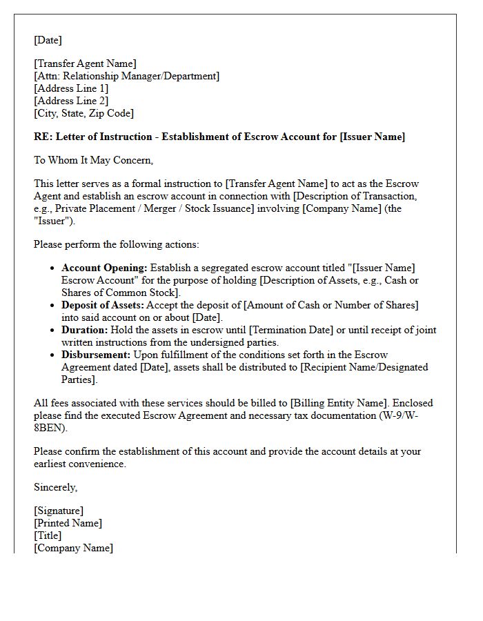 Letter of Instruction to Transfer Agent for Establishment of Escrow Account