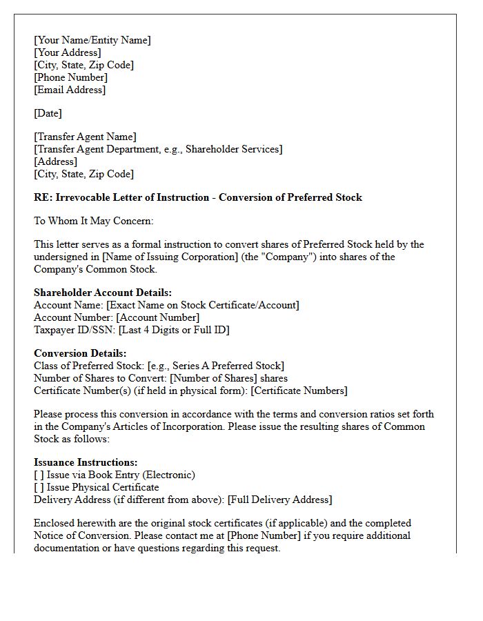 Letter of Instruction to Transfer Agent for Conversion of Preferred Stock