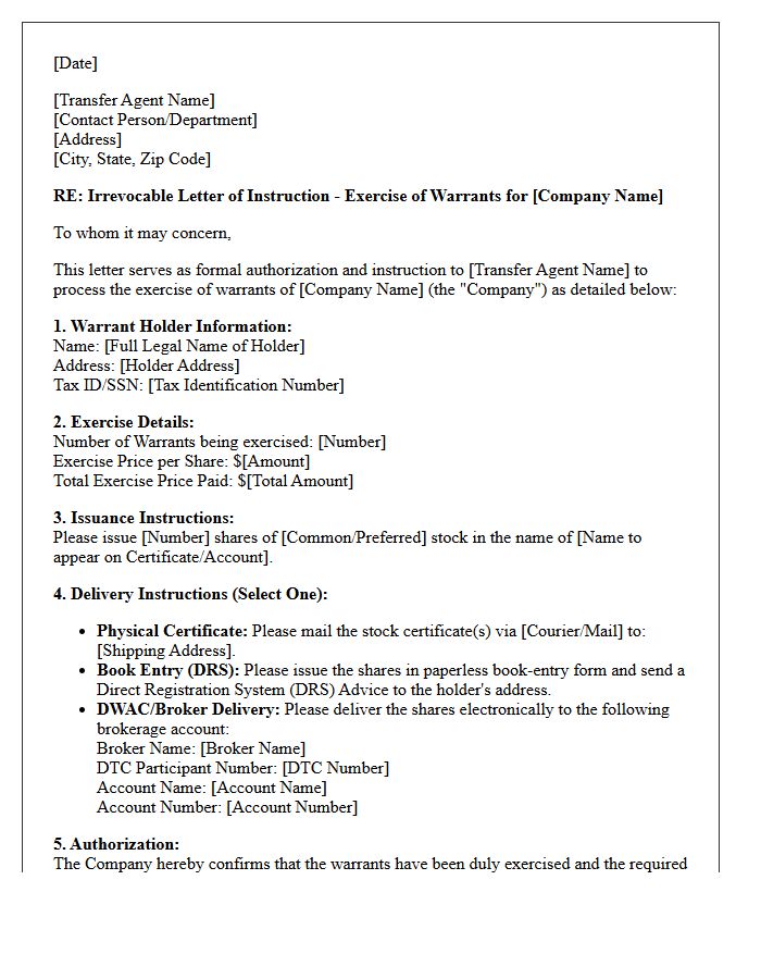 Letter of Instruction to Transfer Agent for Warrant Exercise and Share Issuance