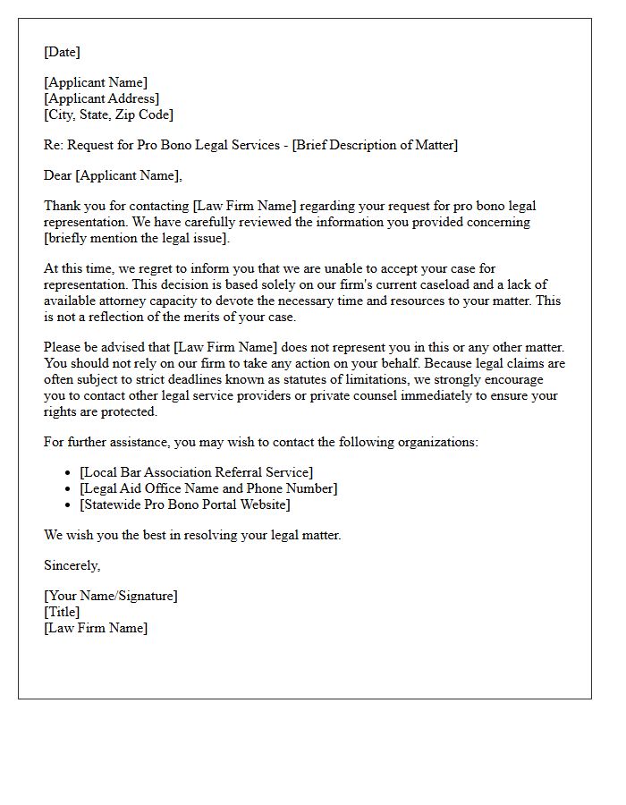 Pro Bono Request Non-Engagement Letter Due to Lack of Firm Capacity