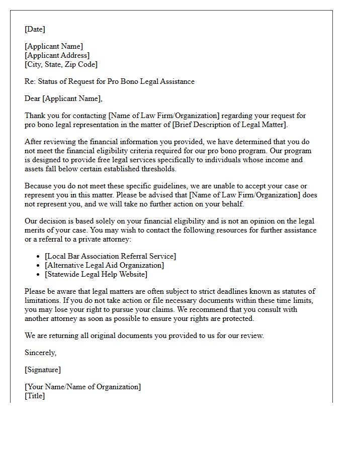 Pro Bono Request Non-Engagement Letter Failing Financial Eligibility Criteria