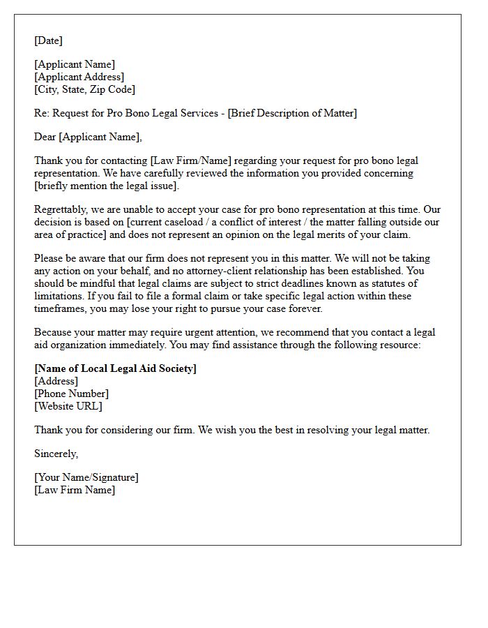 Pro Bono Request Non-Engagement Letter with Legal Aid Referral