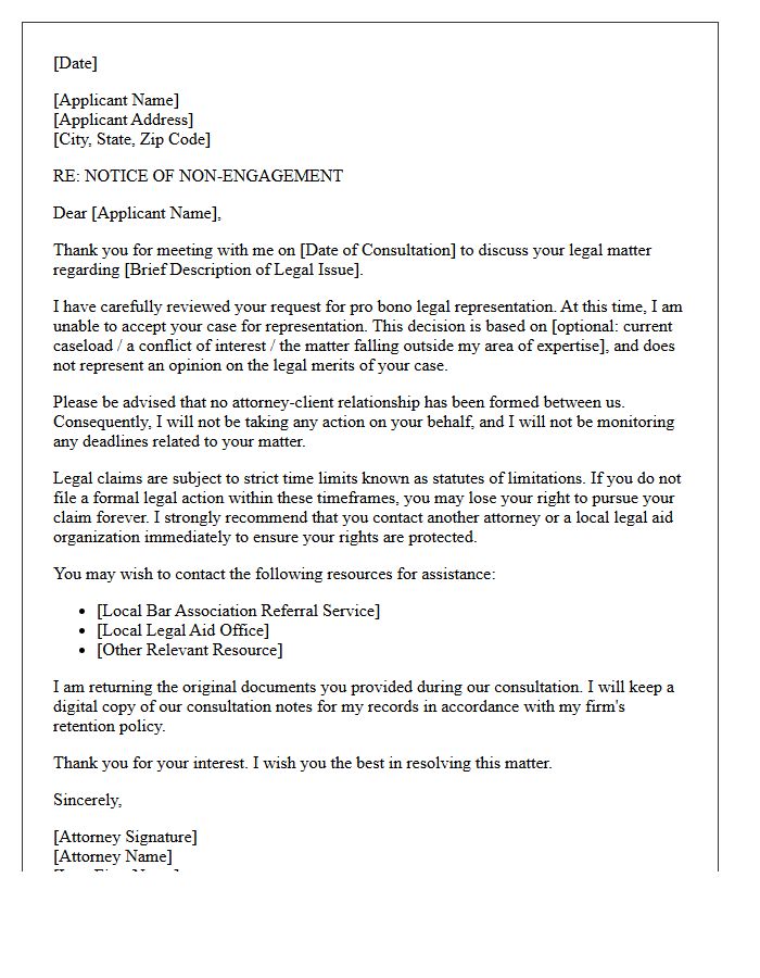 Pro Bono Request Non-Engagement Letter After Initial Consultation